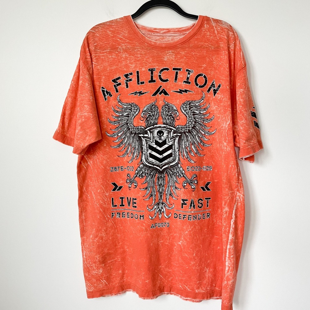 Affliction Freedom Defender SS T-Shirt Orange White Mens 3XL